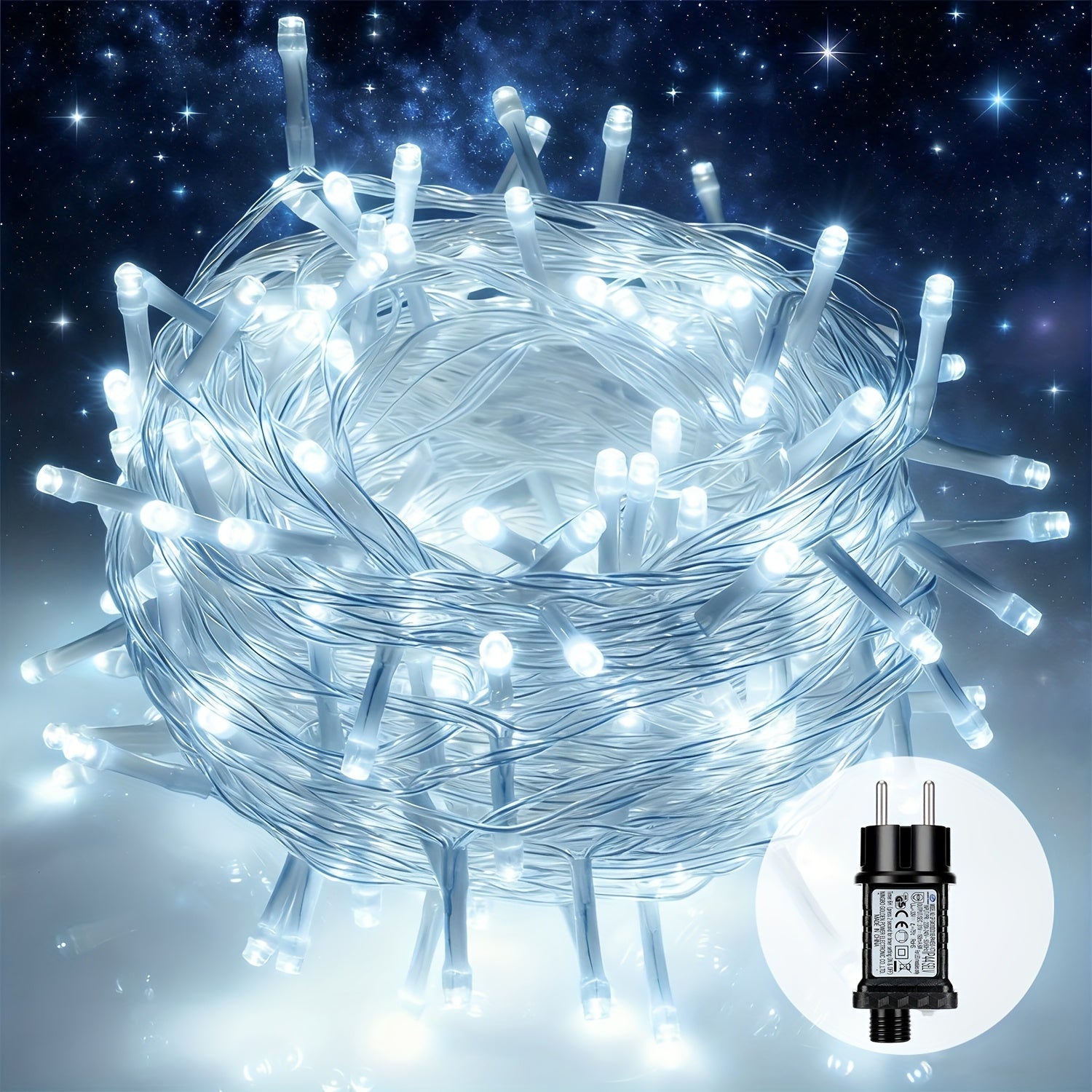 Guirnalda de luces LED de hadas de 100 m + 5 m de largo, 1000 cuentas LED, enchufe de salida de 31 V, luces LED de hadas para árbol de Navidad alimentadas por corriente con temporizador, función de memoria, 8 modos, decoraciones iluminadas para festividad