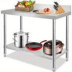 Mesa de trabajo de acero inoxidable con respaldo, mesa de comedor con patas ajustables y mesa de cocina inferior extra grande, capacidad de carga de hasta 250 kg