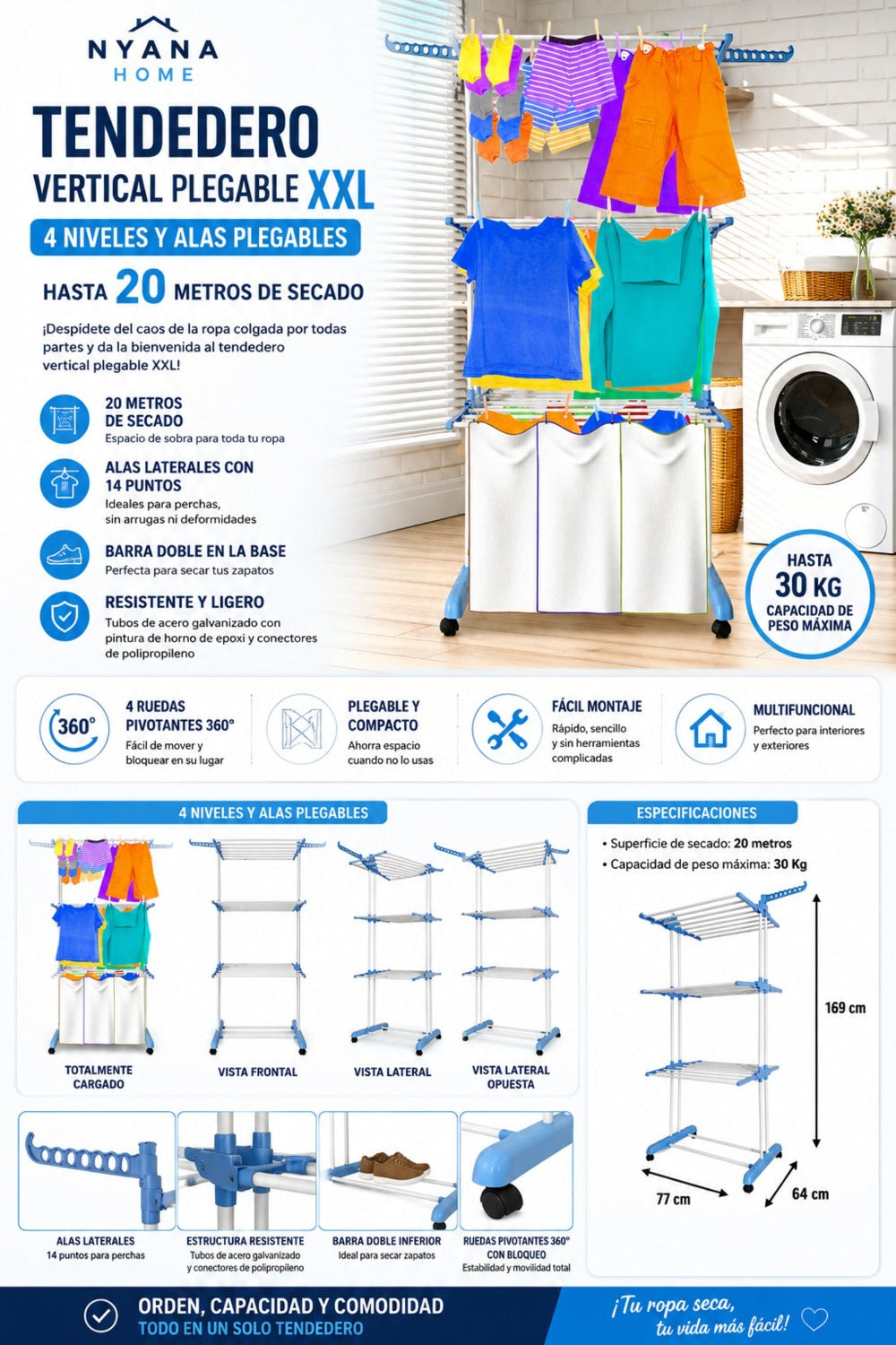 Tendedero Ropa Plegable Vertical XXL Nyana Home Ruedas Pivotantes 360º Multifuncional 4 Niveles y Alas Plegables Hasta 20 Metros de Secado Secadora de Ropa Tendedero de Ropa Tendal Exteriores Interiores Alas Laterales Plegables