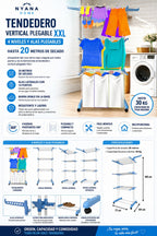 Tendedero Ropa Plegable Vertical XXL Nyana Home Ruedas Pivotantes 360º Multifuncional 4 Niveles y Alas Plegables Hasta 20 Metros de Secado Secadora de Ropa Tendedero de Ropa Tendal Exteriores Interiores Alas Laterales Plegables