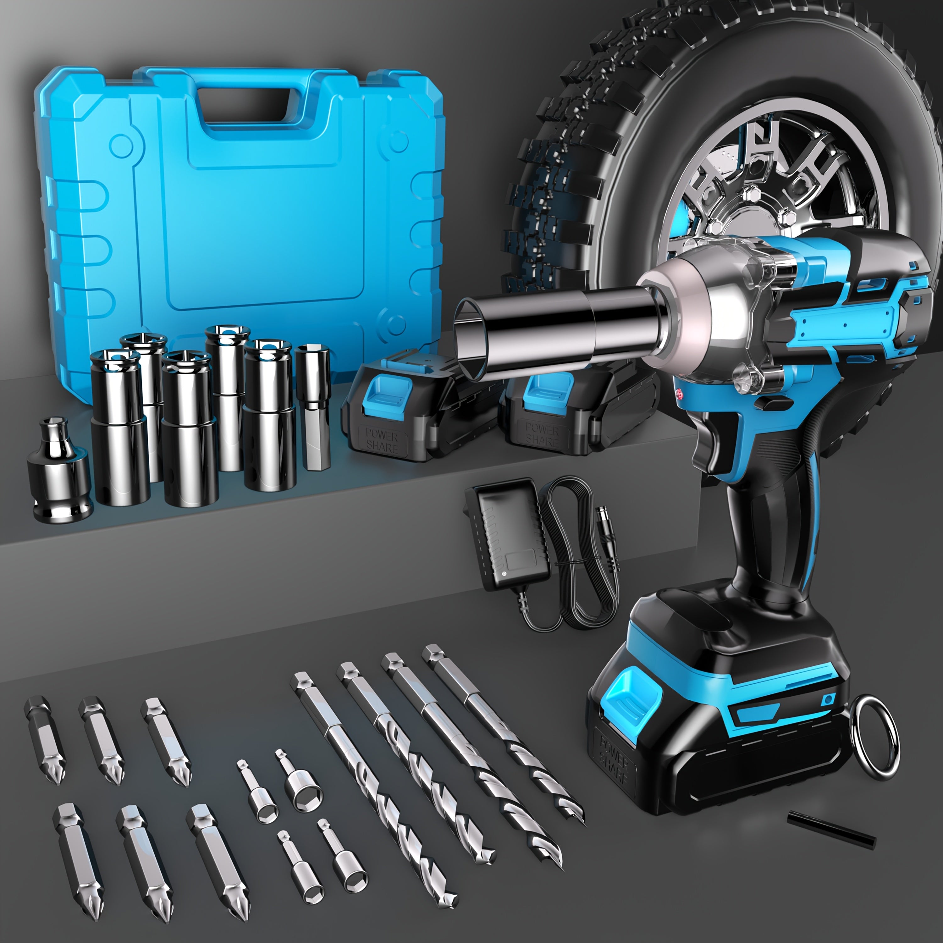 Kit de herramientas | Llave de impacto azul inalámbrica recién mejorada, completa con batería y cargador. Diseño ergonómico y ligero para una