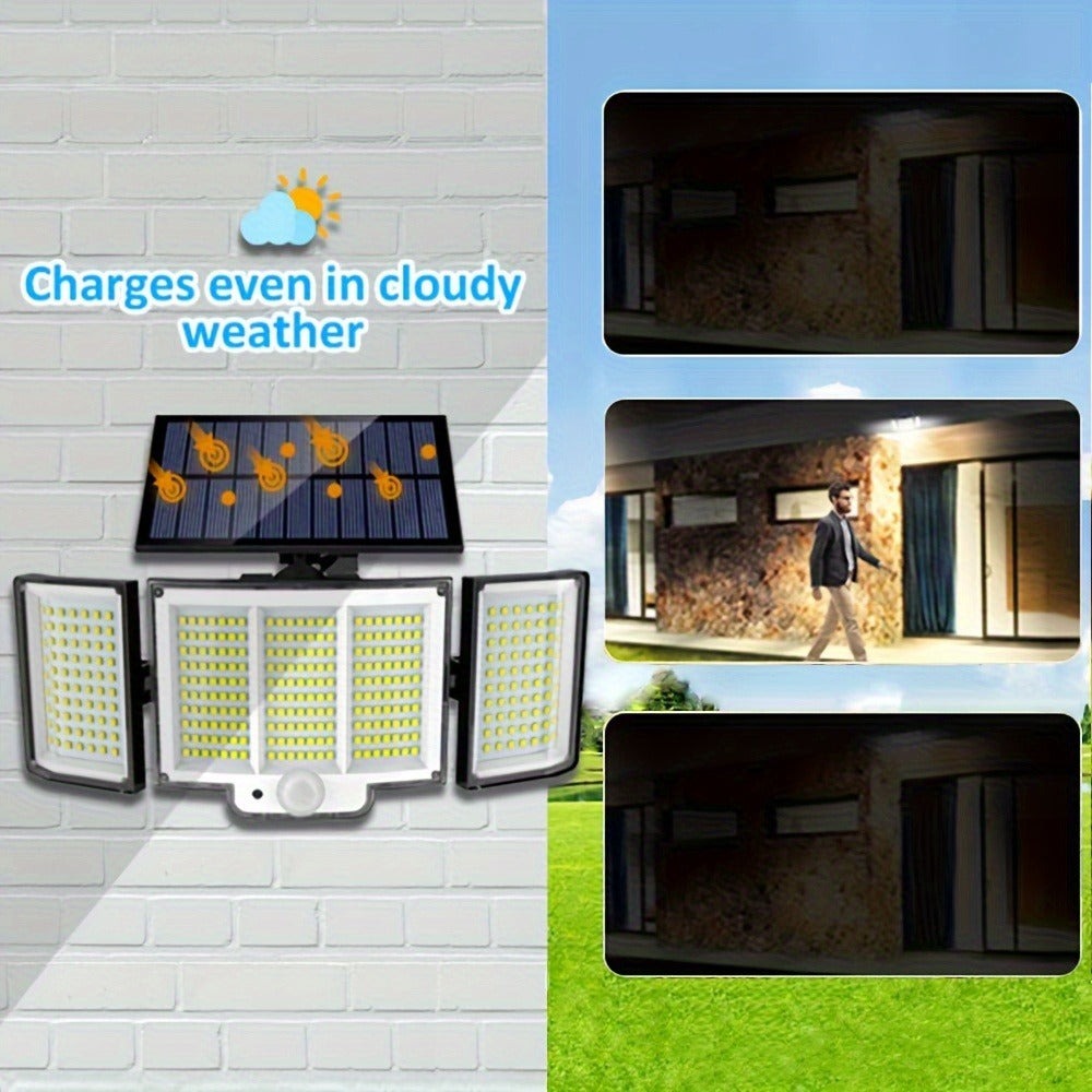 2 luces solares de pared para exteriores, 348 LED, con sensor solar y control remoto, luces plegables ultra brillantes de 3 cabezales para exteriores, focos de jardín sin cableado, para calles comerciales, luces de garaje y luces de emergencia en entradas