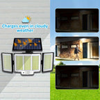 2 luces solares de pared para exteriores, 348 LED, con sensor solar y control remoto, luces plegables ultra brillantes de 3 cabezales para exteriores, focos de jardín sin cableado, para calles comerciales, luces de garaje y luces de emergencia en entradas