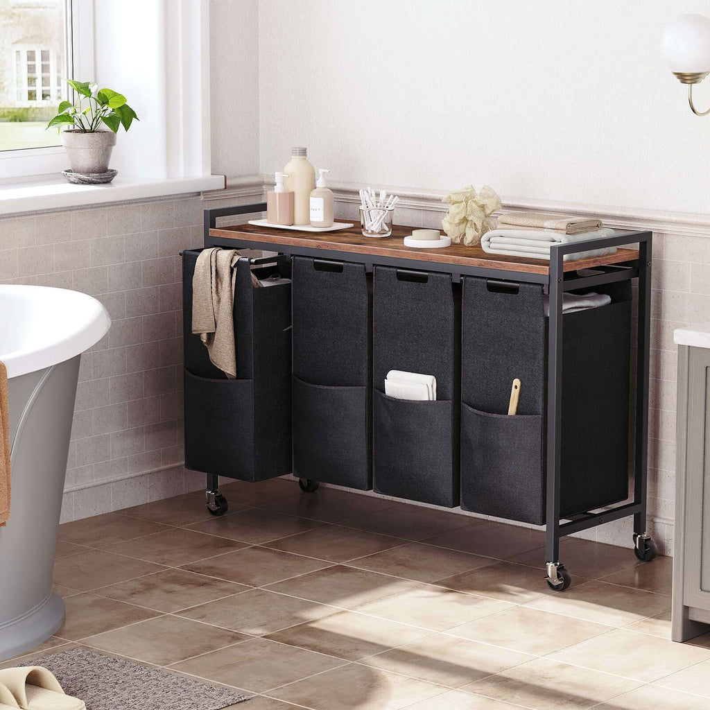 Gris y Negro, Marrón Rústico y Negro, Clasificador de Ropa 4 Secciones, Cesto de Ropa, Cesta de Ropa con Ruedas, 4 × 10.5 Gal (39.8L), Carro Rodante, Bolsas de Lona Oxford Extraíbles y Desmontables, Canastas de Ropa