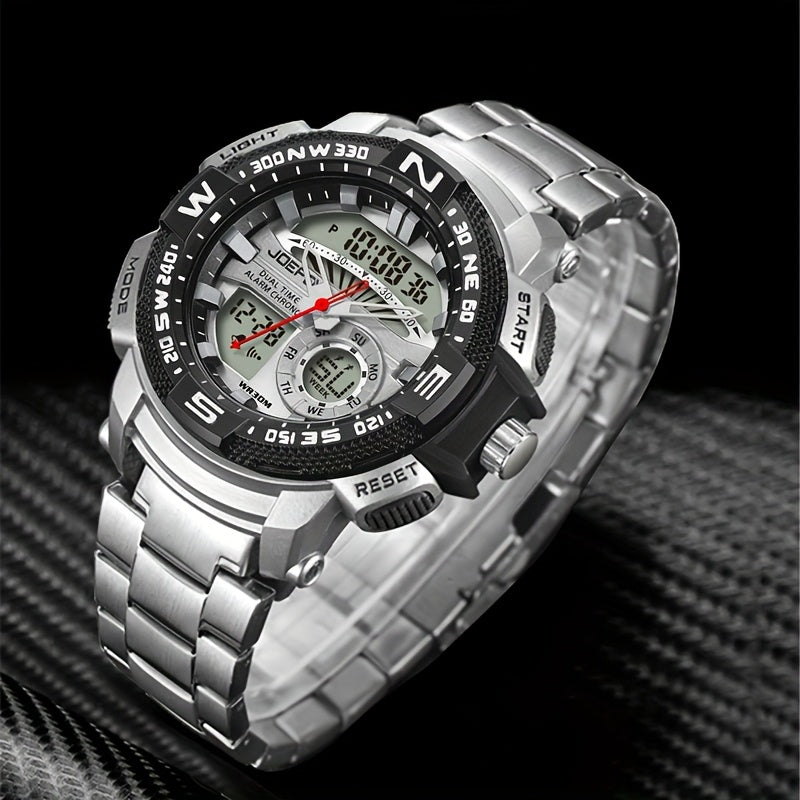 Reloj deportivo de lujo para hombre JOEFOX con doble pantalla - Esfera grande, luz nocturna LED, resistente al agua 3ATM, cronógrafo y alarma, reloj de pulsera estilo campo para hombre
