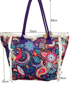 MEJORADA Bolso de Playa Grande con Estampado Colorido y Flecos, Estilo Tote con Forro Interior, Tamaño 55x35x20 cm - Ideal para Playa, Piscina y Viajes