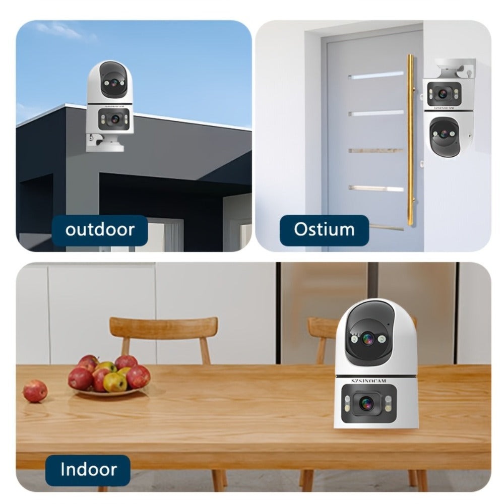 Cámara IP Inalámbrica de Doble Lente, Cámara de Seguridad PTZ para Exteriores con WiFi 2.4G, Pantalla Dual, Seguimiento Automático, Visión Nocturna, Audio Bidireccional, Detección de Movimiento para Seguridad en Hogar, Calle y Monitoreo