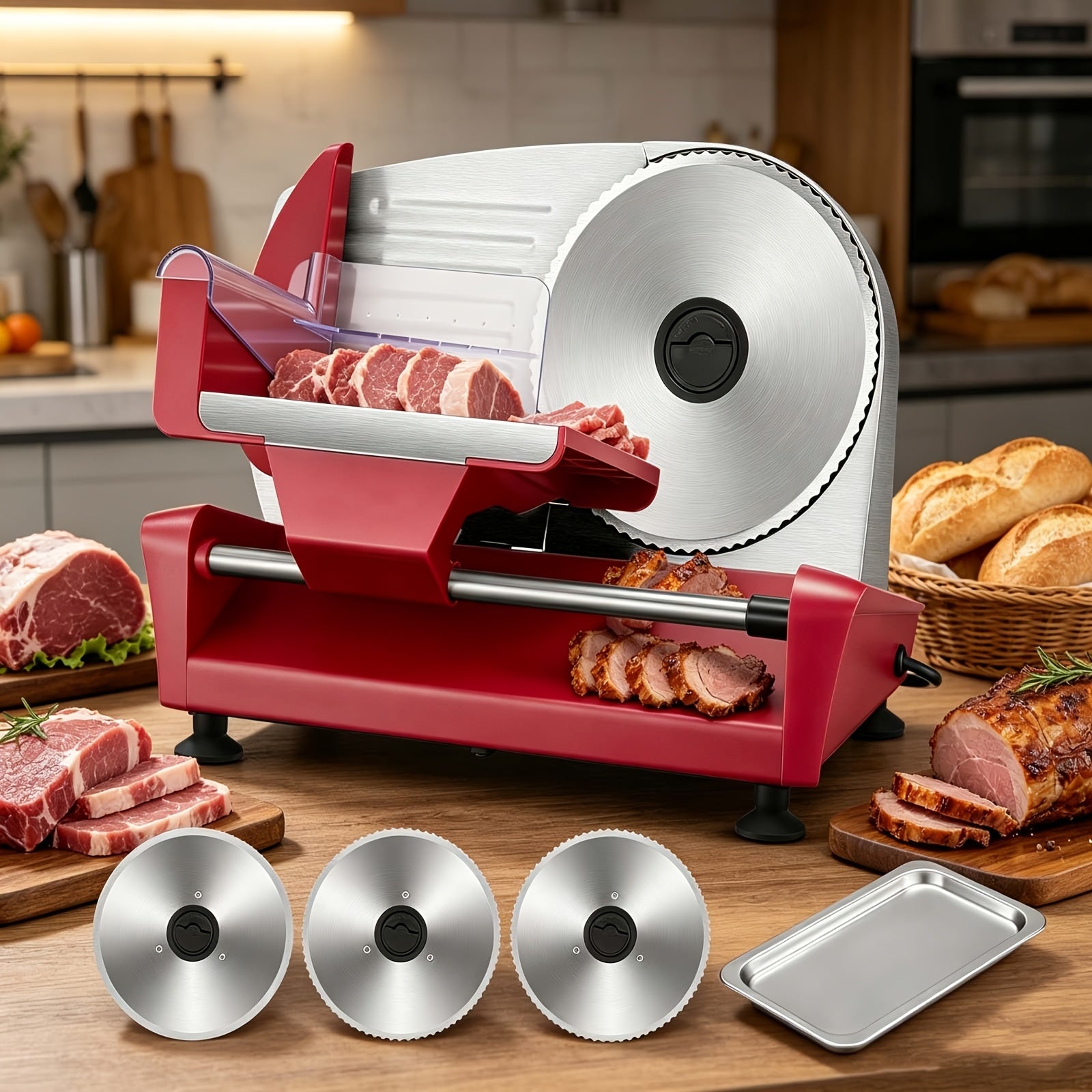 Rebanadora eléctrica multiusos, rebanadora de acero inoxidable, 3 cuchillas, rebanadora de pan, procesador de alimentos ajustable de 0 a 15 mm, rebanadora de salchichas, cortadora de jamón para carne, queso, pan, etc., cuchillo eléctrico, rojo