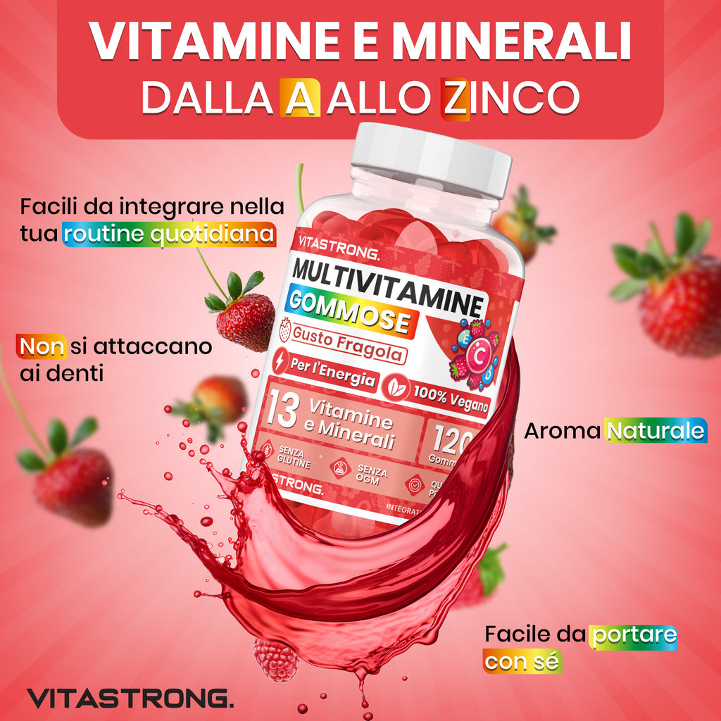 Gomitas multivitamínicas Vitastrong, 120 gomitas, 13 vitaminas y minerales, suplemento dietético para adultos, fórmula 100 % vegana, sin gluten, sin lactosa, sin sacarosa