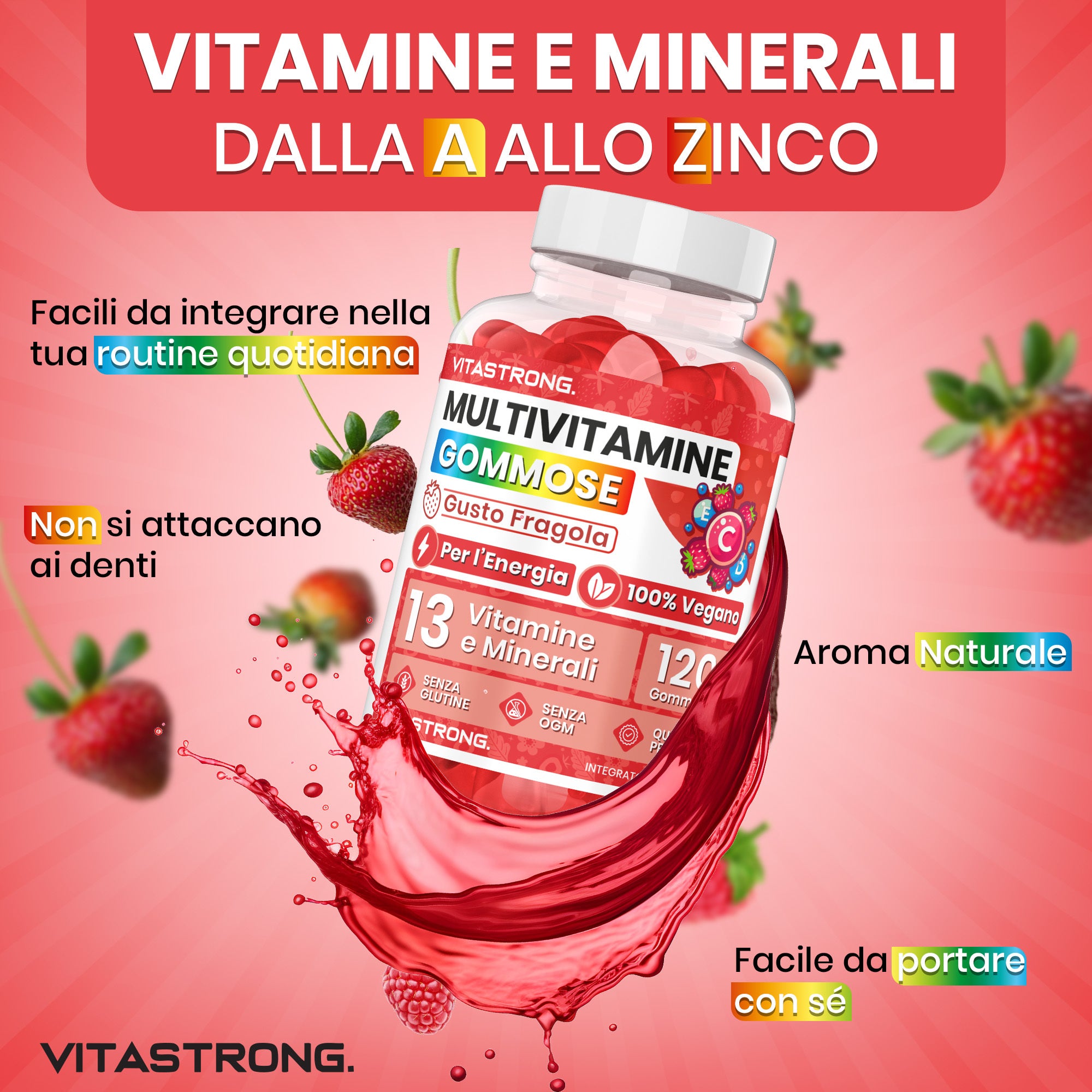 Gomitas multivitamínicas Vitastrong, 120 gomitas, 13 vitaminas y minerales, suplemento dietético para adultos, fórmula 100 % vegana, sin gluten, sin lactosa, sin sacarosa