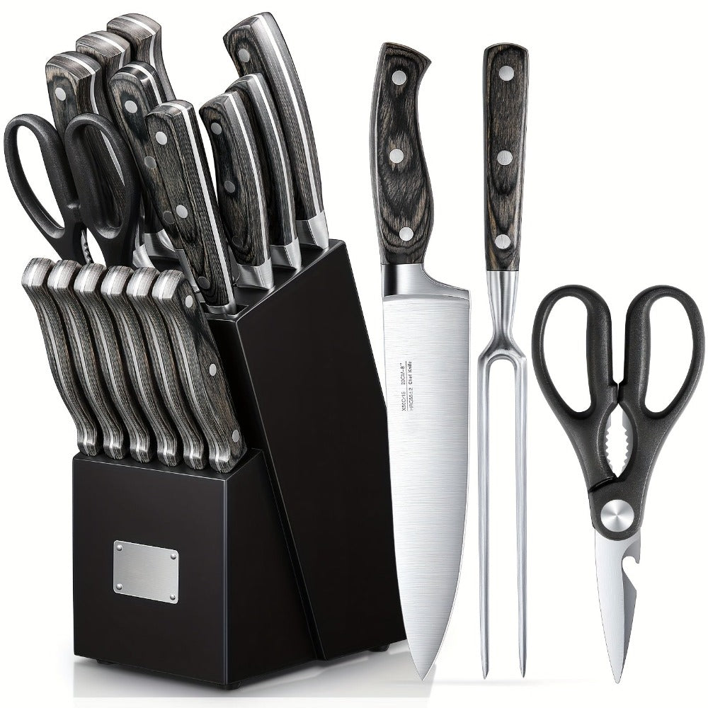16 piezas de complementos de cocina, juego de cocina, artículos de cocina, con mango de madera, juego de acero inoxidable con bloque de madera, electrodomésticos y complementos de cocina profesionales con acero de afilar, regalo de Navidad ideal para madr