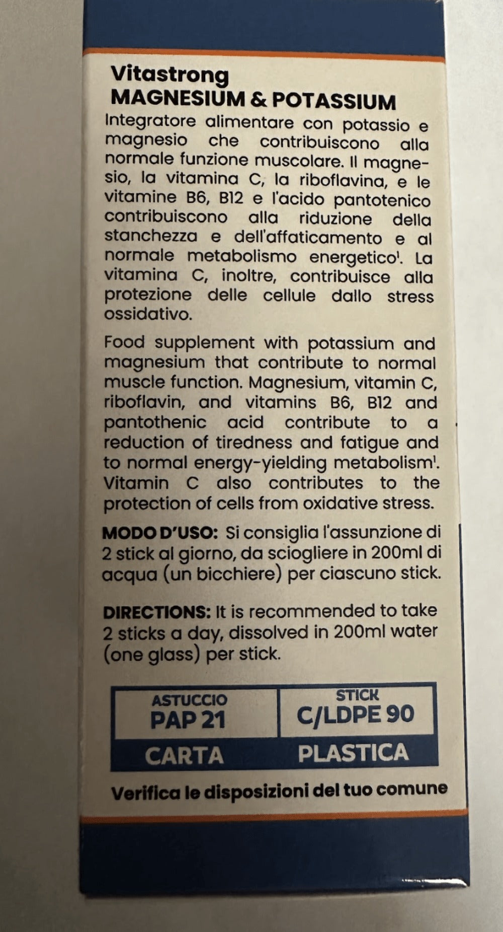 Vitastrong Magnesio y Potasio Fórmula 10 en 1, Sobres de Suplemento Multivitamínico de Potasio y Magnesio, 24 Barras con Vitamina C y Complejo B, Sin Sacarosa, Sin Gluten, Sabor a Naranja