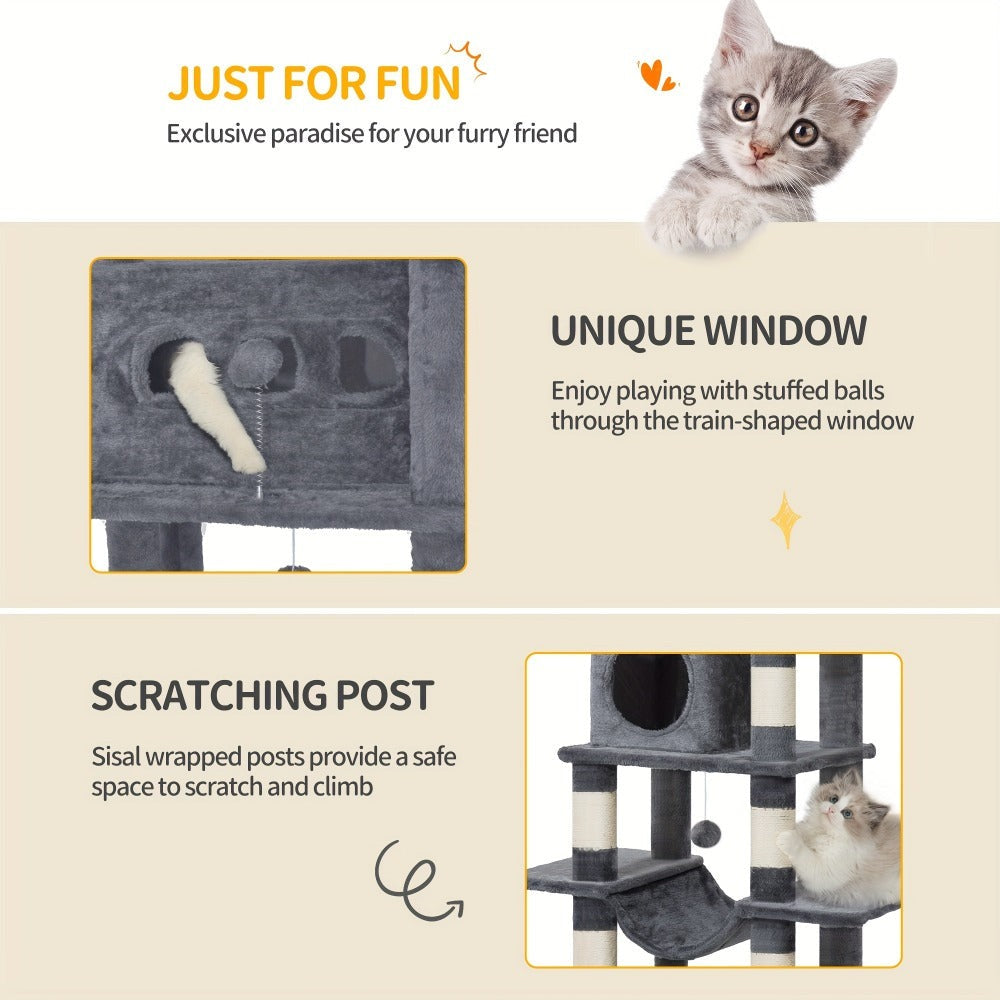 Torre para gatos de interior, 170 cm de alto, casa espaciosa de varios niveles con condominio, 8 postes para rascar, una hamaca y 4 pompones
