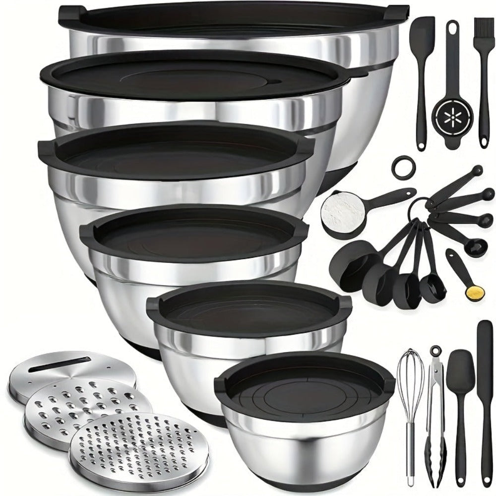 Juego de Tazones para Mezclar de Acero Inoxidable con Cubierta Sellada, Accesorio Rallador, Fondo Antideslizante - 26 piezas Tamaños 5QT, 4.5QT, 3QT, 2.5QT, 2QT, 1.5QT - Ideal para Mezclar y Servir