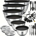 Juego de Tazones para Mezclar de Acero Inoxidable con Cubierta Sellada, Accesorio Rallador, Fondo Antideslizante - 26 piezas Tamaños 5QT, 4.5QT, 3QT, 2.5QT, 2QT, 1.5QT - Ideal para Mezclar y Servir