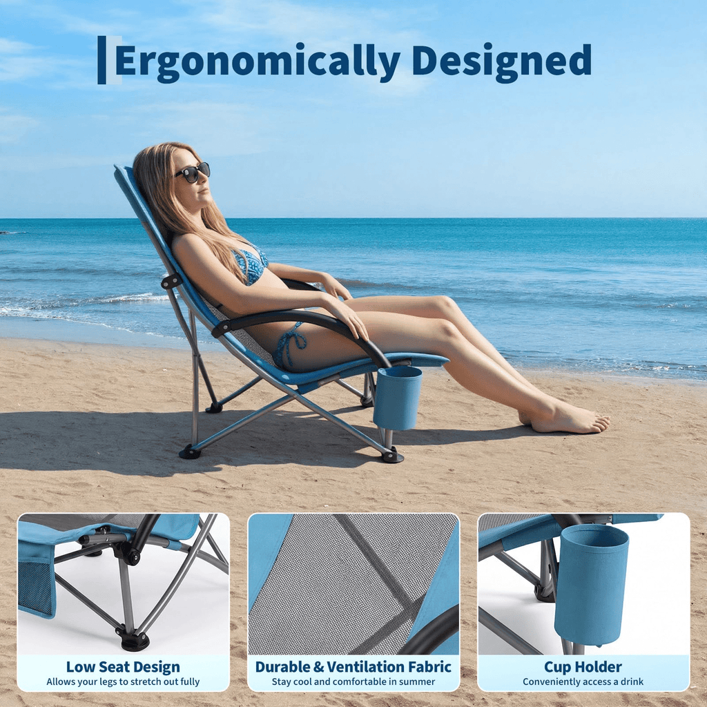 Silla de Playa Elevada, Sillas de Playa Plegables Portátiles, Ligera con Portavasos, Bolsillo de Almacenamiento y Bolsa de Transporte, Perfil para Camping, Playa, Viajes