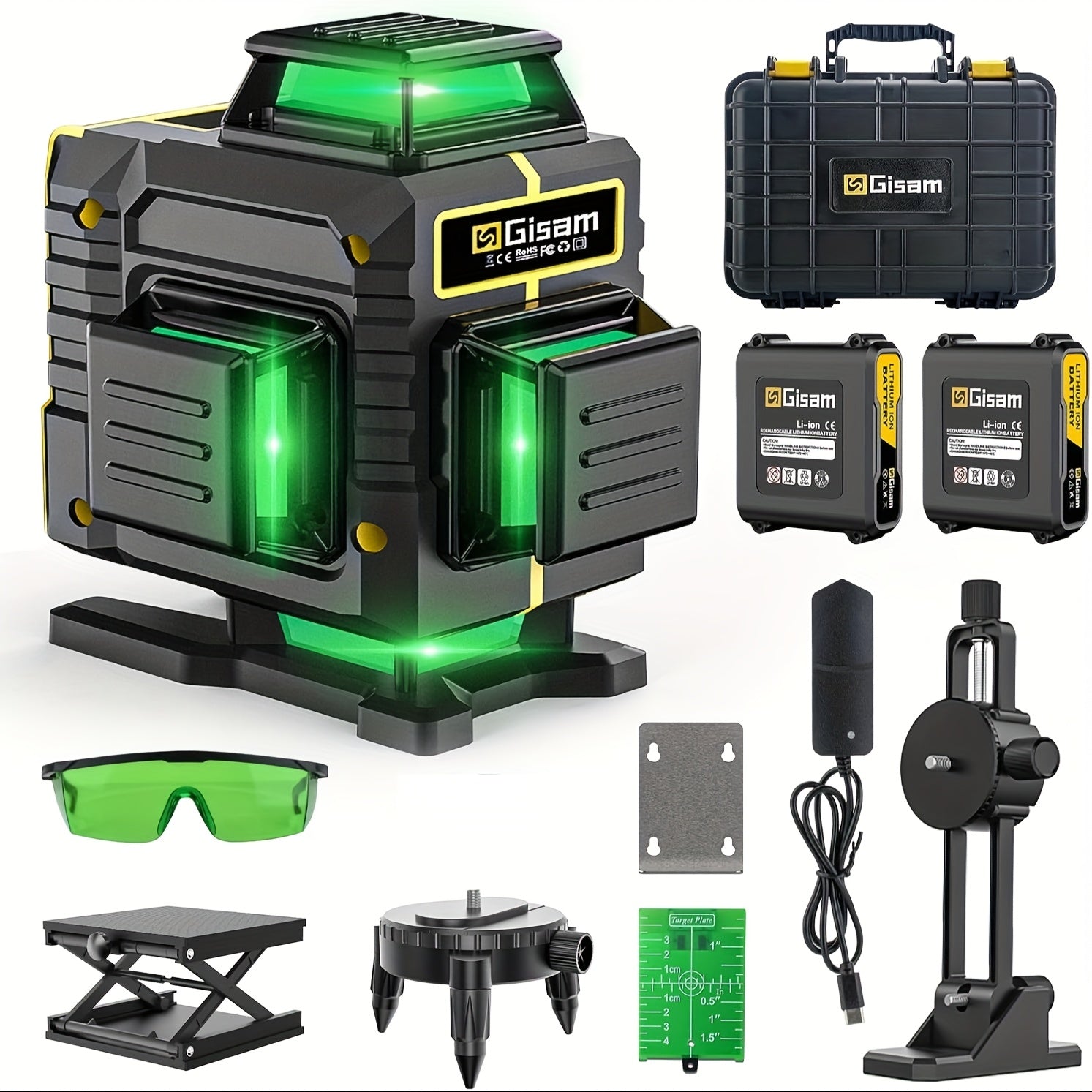 Nivel Láser 360 Autonivelante, Línea Verde 4D 16 Líneas Herramienta de Nivel Láser Cruzado con Plataforma, Soporte de Pared, Placa de Dianas, Caja de Transporte, Juego de 2 Baterías