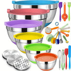Juego de Tazones para Mezclar de Acero Inoxidable con Cubierta Sellada, Accesorio Rallador, Fondo Antideslizante - 26 piezas Tamaños 5QT, 4.5QT, 3QT, 2.5QT, 2QT, 1.5QT - Ideal para Mezclar y Servir