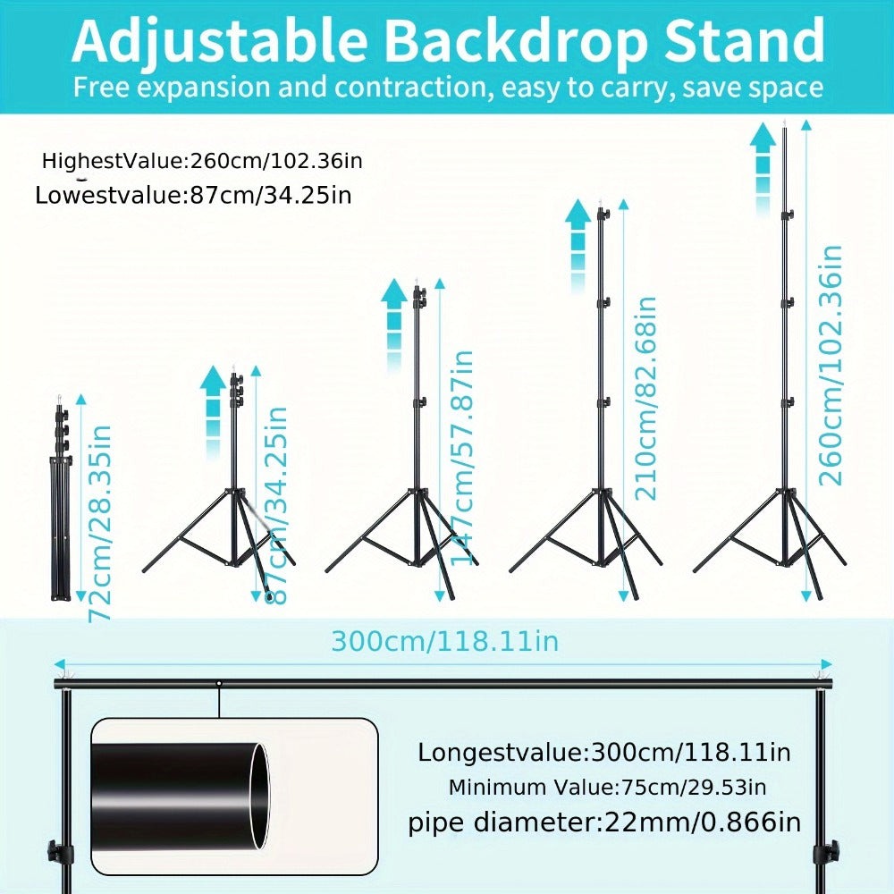 Soporte para Fondo Fotográfico, 2.6 X 3m, Soporte Ajustable con 4 Grapas y 1 Bolsa de Transporte, Incluye 2 Sacos de Arena, Ideal para Estudio Fotográfico, Retratos, Bodas y Eventos