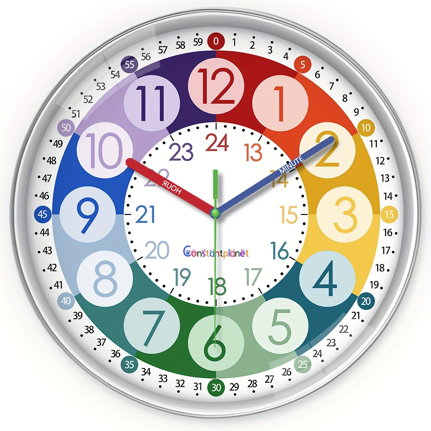 Reloj de pared de plástico con dibujos animados coloridos, con secciones de código de color para una fácil lectura, reloj silencioso de 20.32-30.48 cm (sin tic-tac), funciona con pilas, adecuado para aulas, dormitorios, salas de juegos, decoraciones de pa