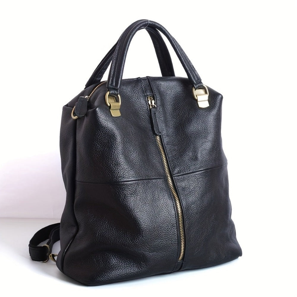 Mochila de cuero genuino para mujer - Diseño elegante y minimalista con herrajes dorados, compartimentos grandes con cremallera y correa de hombro ajustable, versátil para trabajo, viajes y uso diario, bolso de mano de lujo con forro acolchado