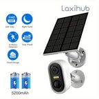 Cámara de seguridad inalámbrica para exteriores con energía solar Laxihub, resolución de video de 3MP, cámara CCTV alimentada por batería para seguridad en el hogar, alimentada por batería sin cables con energía solar, detección de movimiento con IA, foco