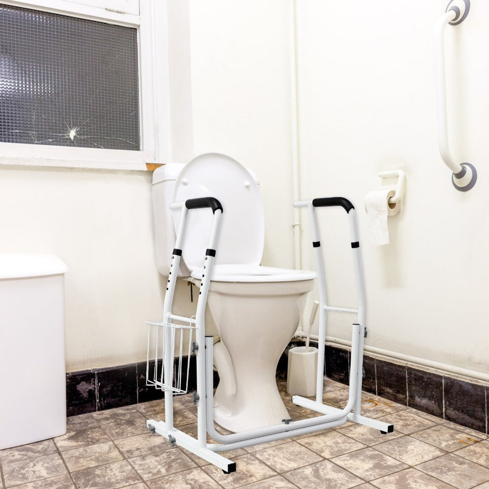 Soporte de baño móvil, ayuda de pie, ajustable en altura, con cesta de almacenamiento, barra de sujeción de baño, blanco