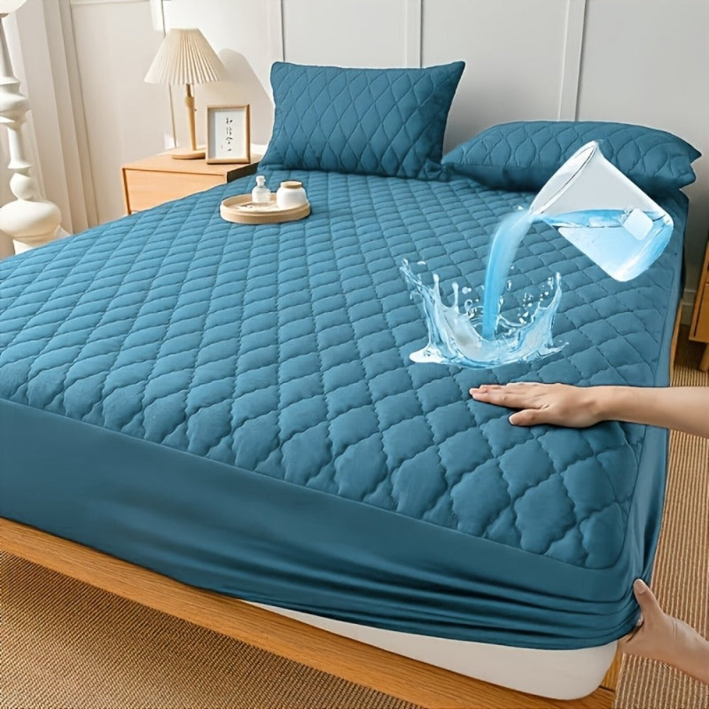 1 Protector de colchón, no incluye funda de almohada ni relleno, diseño de patrón recto impermeable de color sólido, suave y cómodo con tecnología de estampado en relieve sónico, lavable a máquina para dormitorio, hotel, residencia estudiantil, uso en 4 e