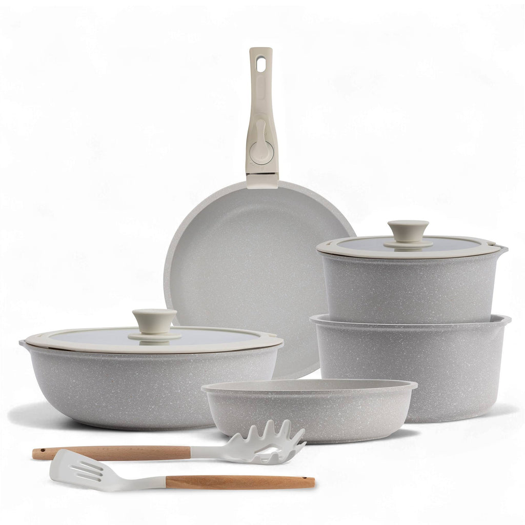 Bergner Click&Cook Batería de cocina 10 Pzs Mango extraíble, 3 Sartenes, 2 Cazos, Tapas y Utensilios Aluminio revestimiento antiadherente