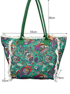 MEJORADA Bolso de Playa Grande con Estampado Colorido y Flecos, Estilo Tote con Forro Interior, Tamaño 55x35x20 cm - Ideal para Playa, Piscina y Viajes