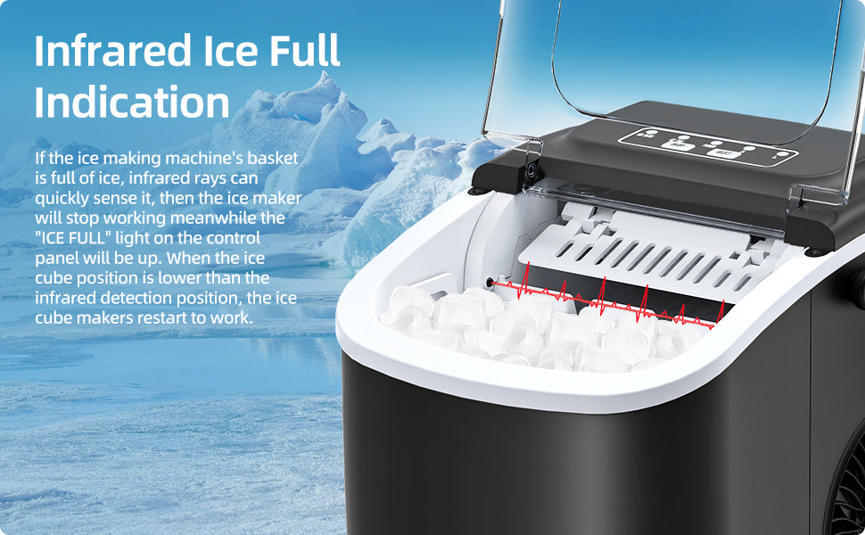Máquina de cubitos de hielo LEENON, productora de cubitos de hielo de 12 kg, 8 cubitos listos en 6 minutos, máquina de cubitos de hielo negra con asa portátil, 12 kg/24 H, máquinas de cubitos de hielo autolimpiables