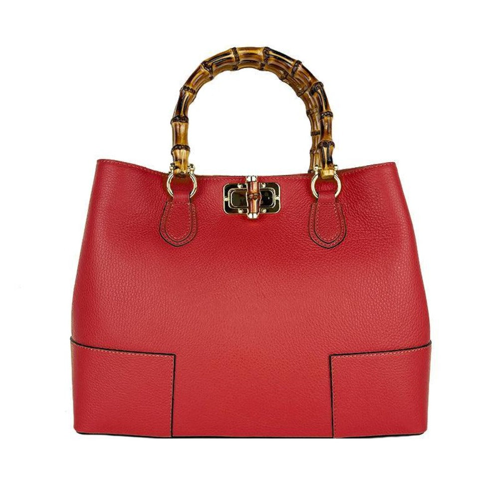 Bolso de cuero real con asas de bambú hecho en Italia, bolso de mujer, bolso de bambú de cuero