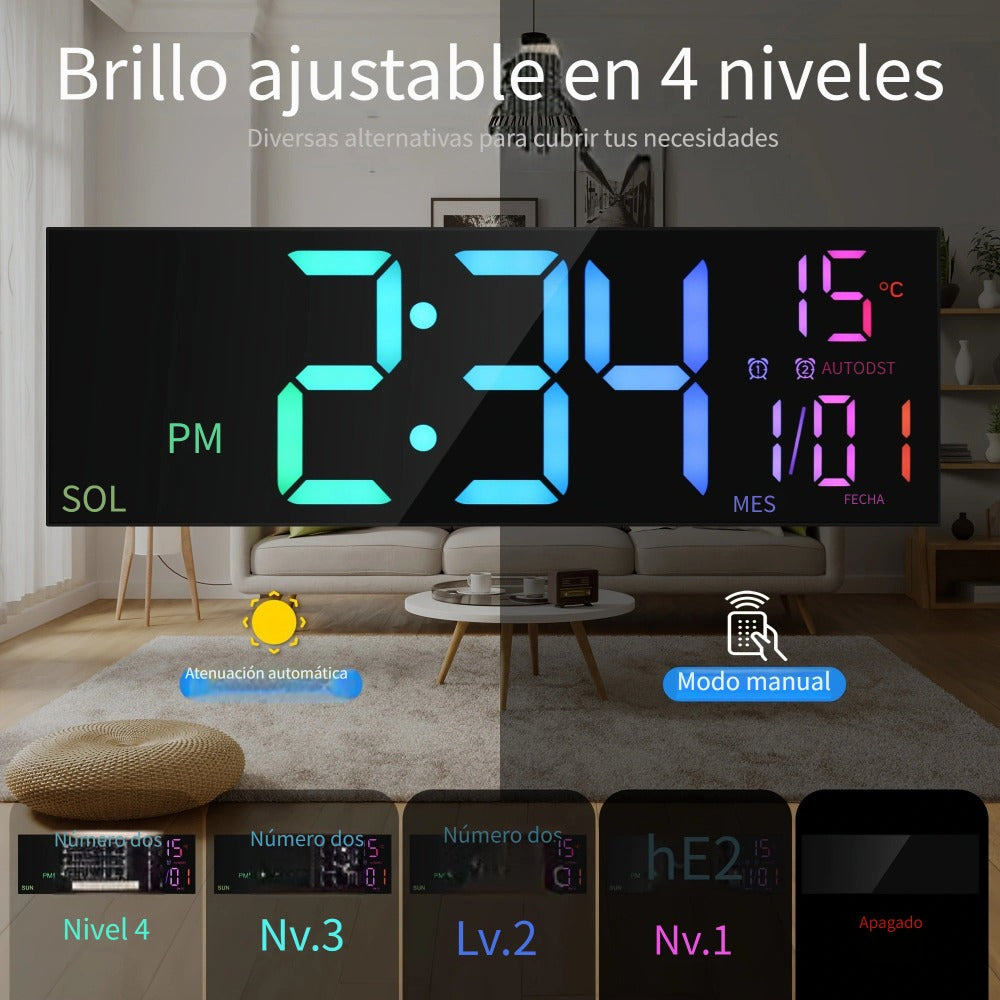 Reloj de pared digital grande de 41.91 cm con control remoto, gran pantalla LED/doble alarma/8 colores RGB/brillo automático/fecha/horario de verano automático/temperatura/luz nocturna, relojes de gimnasio para sala de estar, dormitorio, oficina, decoraci