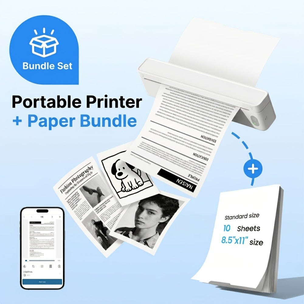 Impresora portátil sin tinta A10a, impresoras portátiles inalámbricas, impresora térmica para teléfono y portátil, impresora móvil para oficina, hogar y escuela, compatible con papel térmico de 21.59 cm x 27.94 cm y A4
