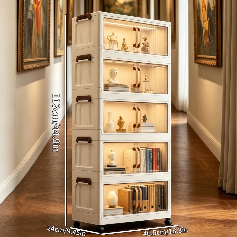 Gabinete de almacenamiento de arte, gabinete de almacenamiento de manualidades, gabinete de almacenamiento de arte con ruedas de 3/4/5 niveles, , plegable, apilable, con puerta transparente y manija dorada, gabinete organizador de manualidades, unidad de