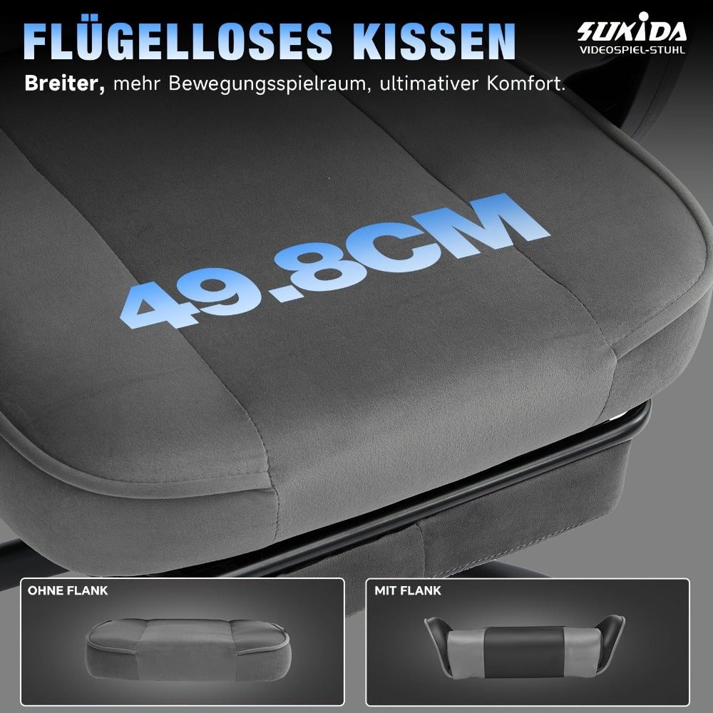 Silla de gaming SUKIDA de tela, silla de gaming ergonómica con reposapiés, silla de carreras para ordenador ajustable con soporte lumbar, silla ergonómica para PC negra
