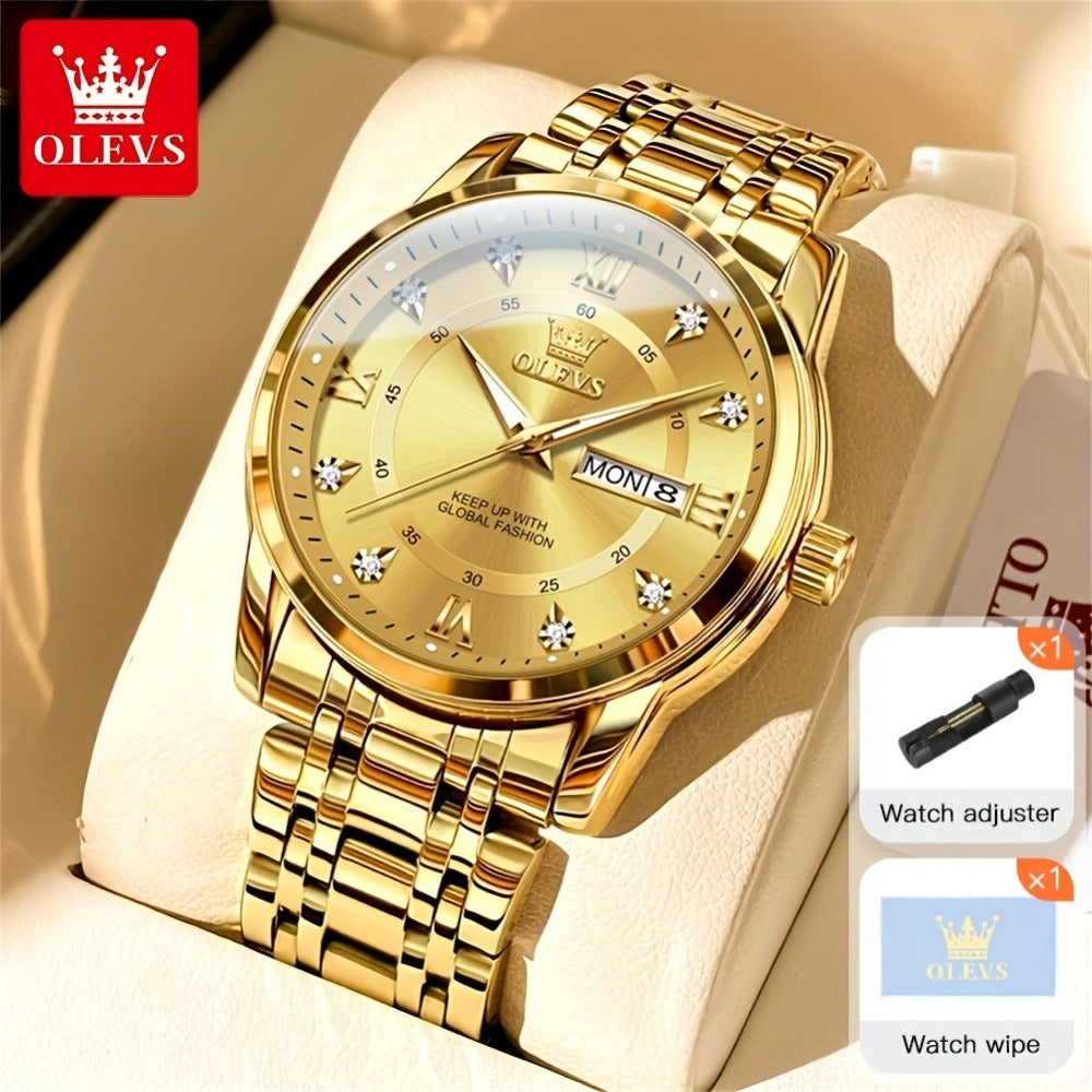 OLEVS Reloj de Lujo para Hombre, Diseño Elegante de Negocios con Diamantes de Imitación, Cuarzo Clásico de Acero Inoxidable para Hombre, Calendario Diurno Luminoso, Ideal para Regalos Románticos, Disponible en Esfera Azul/Negro/Blanco/Dorado