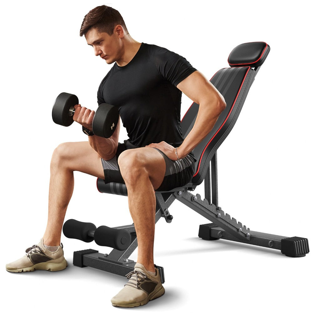 Banco de Pesas Ajustable, Banco de Entrenamiento Plegable con Capacidad de 299.37 KG, Soporte Extendido para Cabeza, Cuello y Columna, Banco Inclinado, Declinado y Plano para Entrenamiento de Fuerza en Gimnasio en Casa