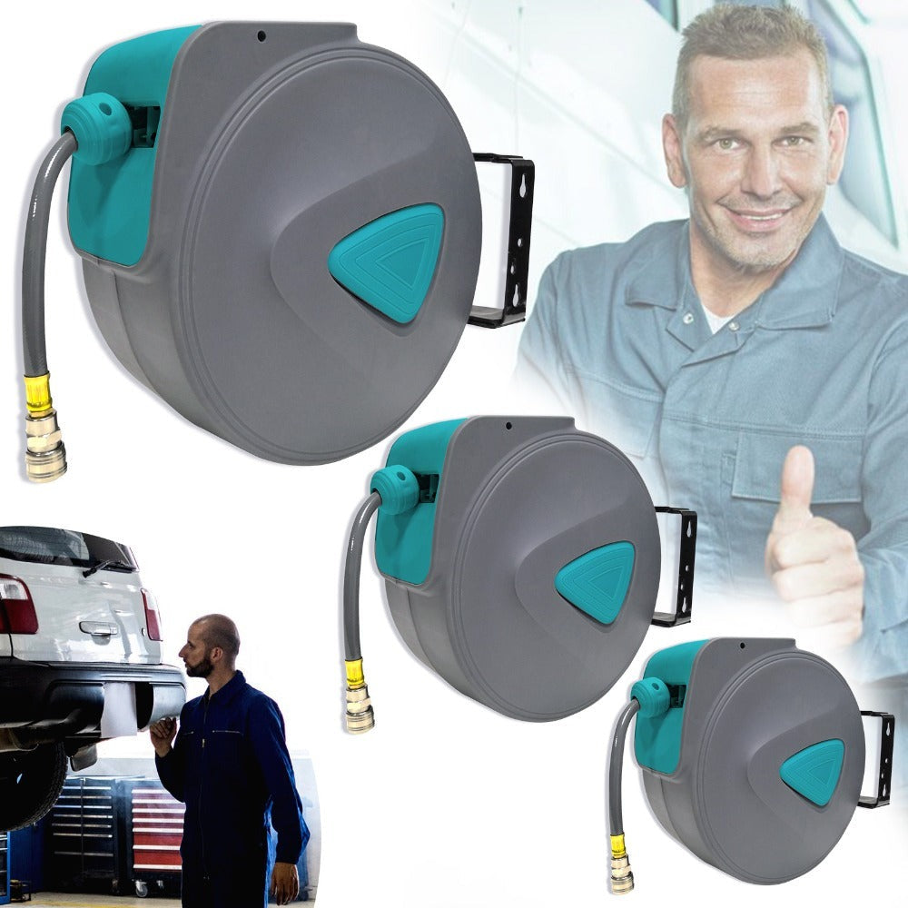 Soporte de manguera gris para pared con carrete de manguera neumático y conexión automática de 1/4''
