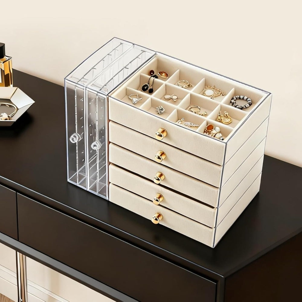 Caja de almacenamiento de joyas de gran capacidad con cajones y puerta lateral transparente, organizador multicapa para aretes, collares, anillos y pulseras, elegante solución de almacenamiento para tocador, joyeros