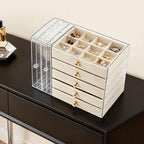 Caja de almacenamiento de joyas de gran capacidad con cajones y puerta lateral transparente, organizador multicapa para aretes, collares, anillos y pulseras, elegante solución de almacenamiento para tocador, joyeros