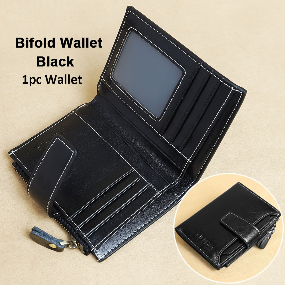 Monedero Ciephia de Cuero Genuino con Bloqueo RFID - Rojo Compacto con Detalles Dorados, 14 Ranuras para Tarjetas, Ventana Extraíble para DNI y Bolsillo con Cremallera para Monedas, Regalo Casual para San Valentín o el Día de la Madre, Apto para Hombres y
