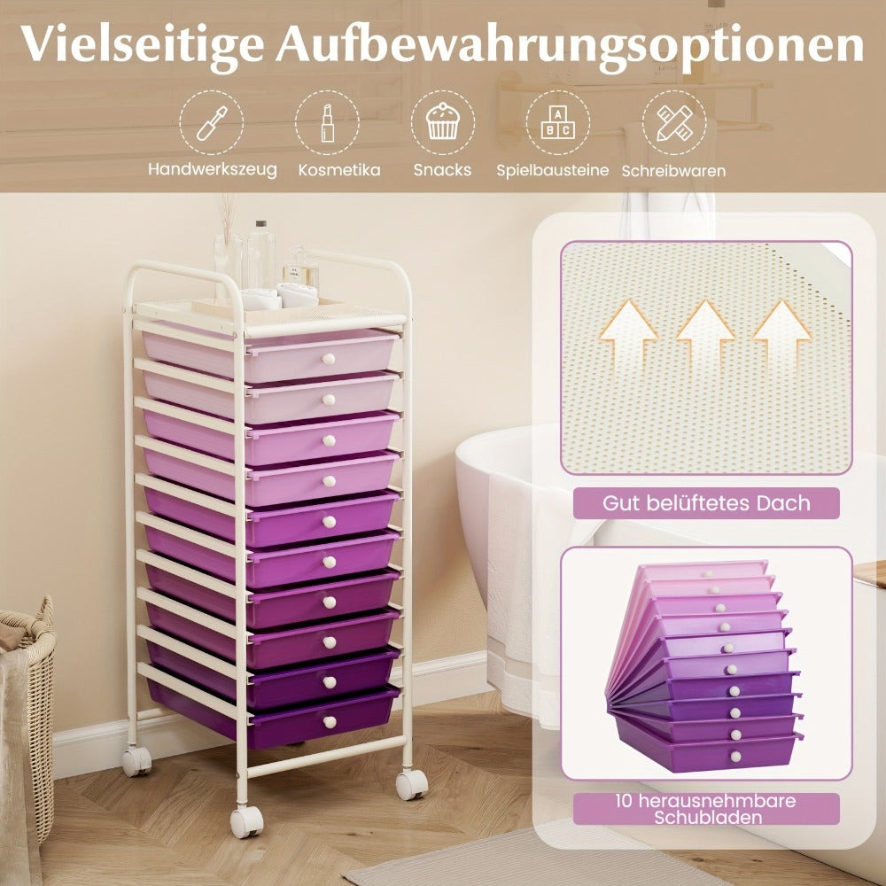 Carrito de 10 Cajones con Ruedas Bloqueables, Carrito de Almacenamiento con Cajón Extraíble, Organizador Multifuncional para el Hogar, Carrito Utilitario Móvil con Estructura de Metal y Asa, Almacenamiento de Suministros de Oficina, Morado y Rosa