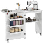Mesa de costura plegable HOMCOM con tablón abatible, contenedores de almacenamiento, estante abierto y ruedas, gabinete para máquina de coser para sala de estar, oficina, estudio, dimensiones 118 x 40 x 79.5 cm, blanca