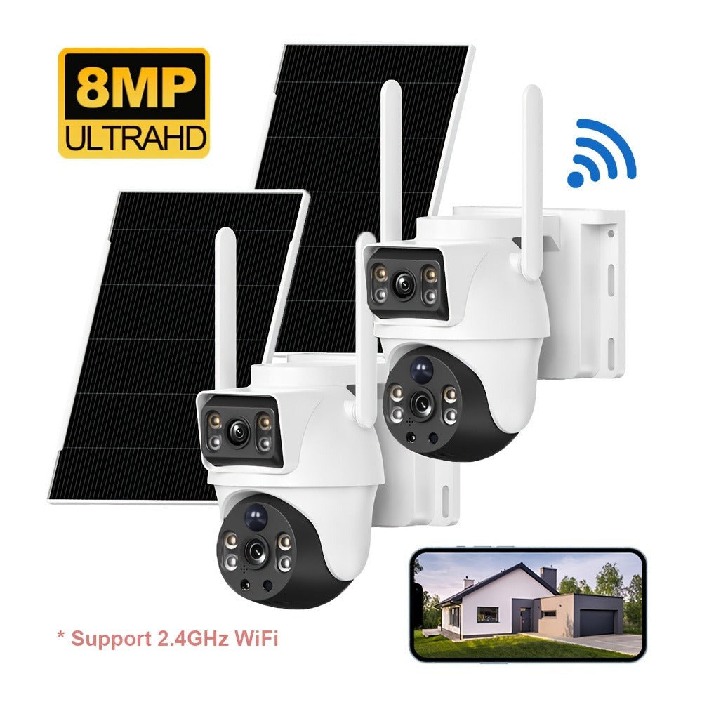 2 Cámaras WiFi de 8MP con Doble Lente, Visión Nocturna a Color, Ángulo de 360°, Audio Bidireccional, Detecção PIR y Alimentación Solar, Compatible con Red 2.4G