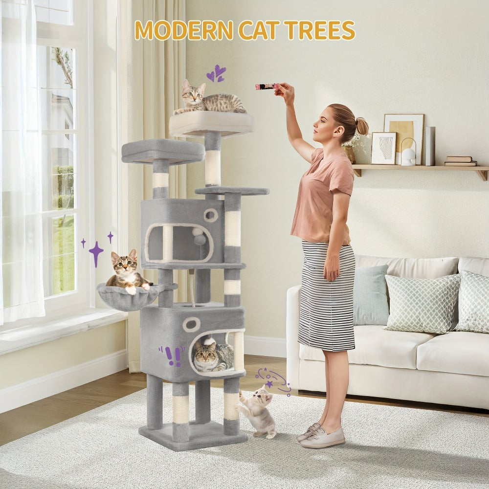 Árbol para gatos de 159 cm con 8 rascadores, 3 plataformas, 2 cuevas, cesta, pelotas de felpa, cuerda de sisal, adecuado para gatos de varios tamaños, gris claro/gris oscuro