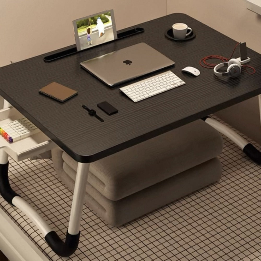 Mesa plegable multifunción para cama y sofá con portavasos, 60×40×28 cm, mesa auxiliar con atril para leer en la cama, bandeja multifunción para ordenador, libros, trabajo y estudio en casa (con cajón / sin cajón)