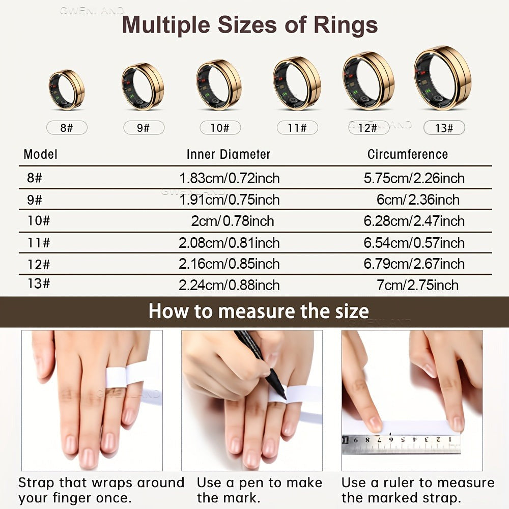 Anillo Inteligente GWENLANDFashion - Conexión Inalámbrica, Gestión de Fitness y Sueño, Capacidad de Batería 15mAh (Talla 8) / 18mAh (Talla 9-13), Fotografía de Ondas, Múltiples Modos Deportivos, Material de Acero Inoxidable - Ideal para la Vida Diaria, Fi
