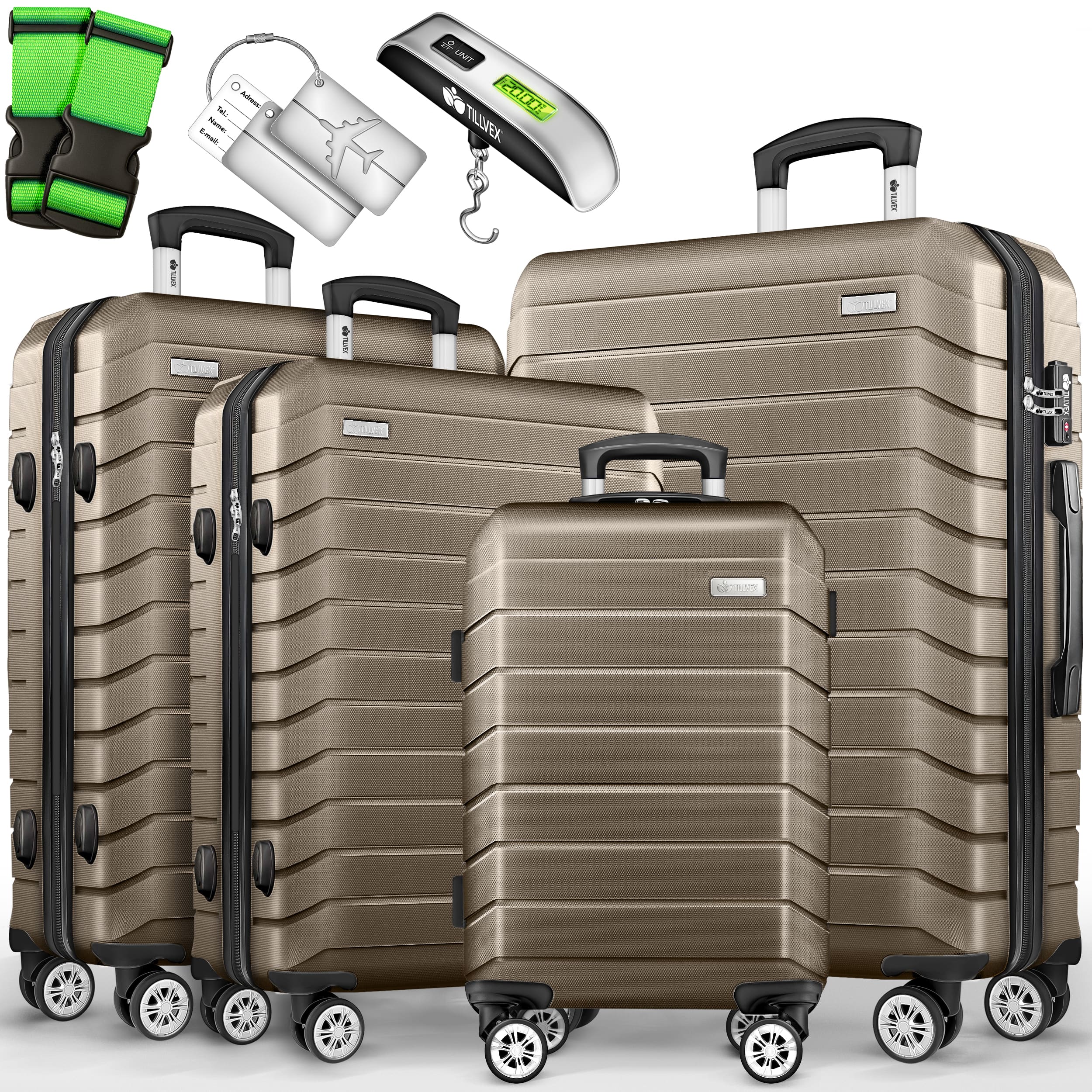 Tillvex® Juego de Equipaje de Viaje con Báscula, Correas y Etiquetas | Maleta de 4 Ruedas | Equipaje con Candado TSA | Juego de Maletas de Carcasa Dura