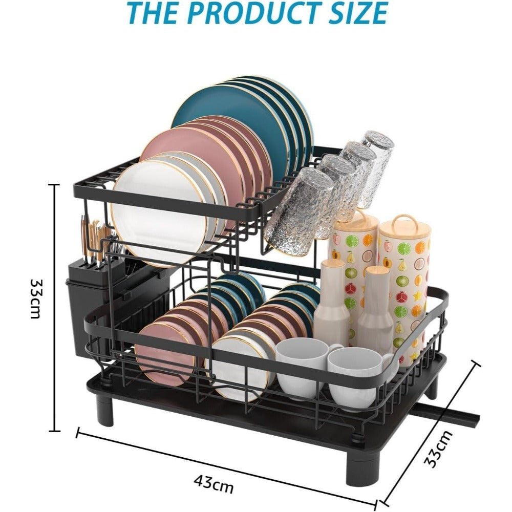 Estante de Platos de Doble Capa, Escurridor de Platos con Plato de Drenaje y Boquilla Giratoria, Estante de Platos con Organizador de Cubiertos y Portavasos - Regalo Perfecto para Mujeres, Esposa, Día de la Madre, Accesorio de Cocina